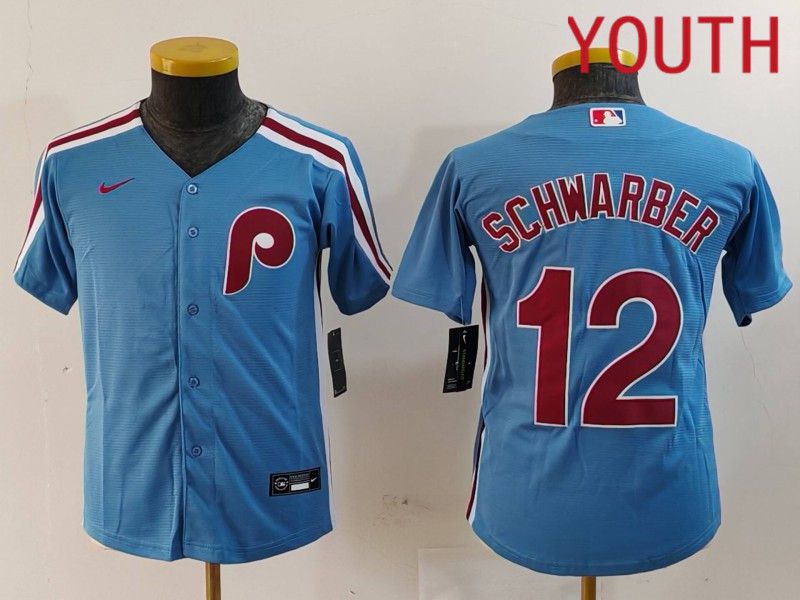 Youth Philadelphia Phillies #12 Schwarber Blue Throwback 2024 Nike MLB Jersey style 1->youth mlb jersey->Youth Jersey